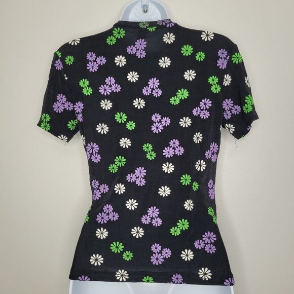 Vintage 90s Pia 70s vibe flower print short sleeve stretch quirky top size med - Picture 2 of 7